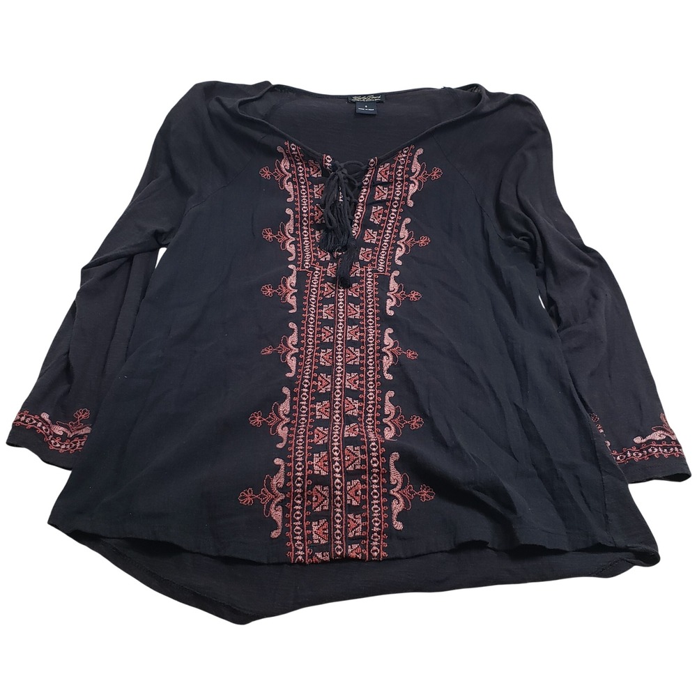 Lucky Brand Womens Embroidered Lace Up Boho Top S Navy Pink